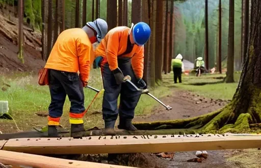 Рабочие на лесной трассе в касках и защитной экипировке с страховочной системой рядом с бурелом