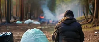 Человек на природе с пакетами для мусора и запретными знаками костра