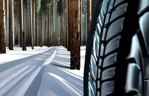 Шипованные шины на лесной зимней дороге с хвойным лесом на фоне