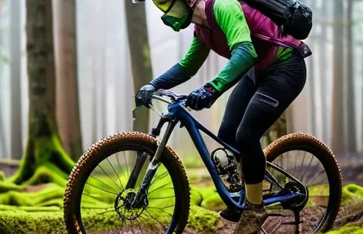 MTB спорстмен в лесной покатушке в защитной экипировке на трейле, рядом с рюкзаком и инструментами.