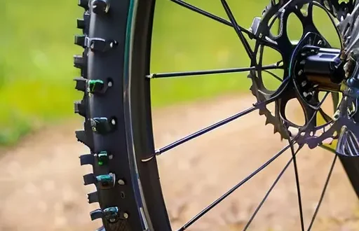 Крупный план обода велосипеда в лесу, дисковая тормозная система и tubeless шина