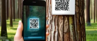 Туристы у входа в лес проверяют разрешение на вход через смартфон, рядом лесничий